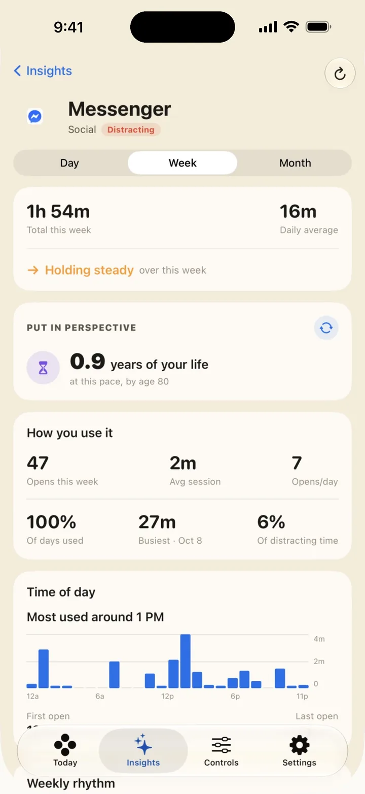 An app's page in Shells: time spent this week, how many years of your life it would add up to at this pace, how often it was opened, and the time of day it is used most.