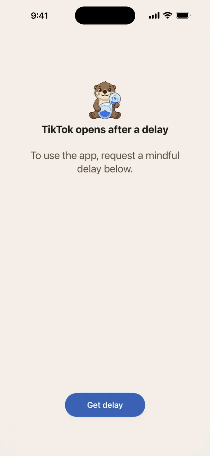 The calm screen Shells shows when a paused app is opened: Otis the otter with a 15 second timer, the words TikTok opens after a delay, and a Get delay button.
