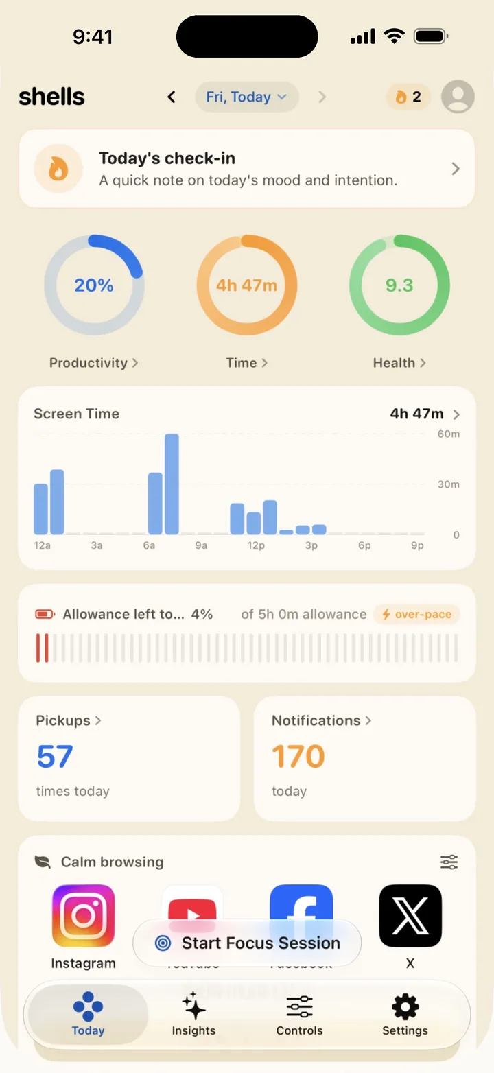 The Shells Today screen: rings for productivity, time and health, an hour by hour screen time chart, and counts of pickups and notifications.